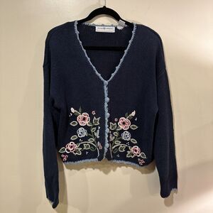 Vintage Maggie Lawrence Womens Sweater Medium Blue Embroidered Cardigan